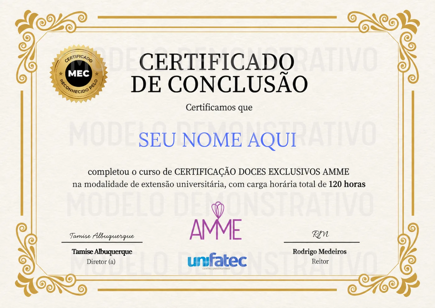 Modelo demonstrativo do certificado da Certificação Doces Exclusivos, emitido pela UNIFATEC